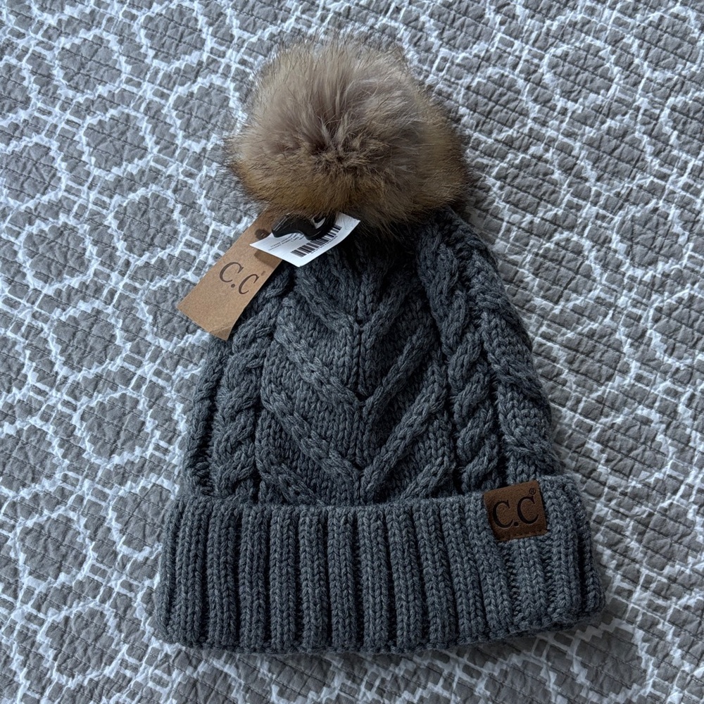 C.C Grey Knit Beanie with Tan Pom-Pom